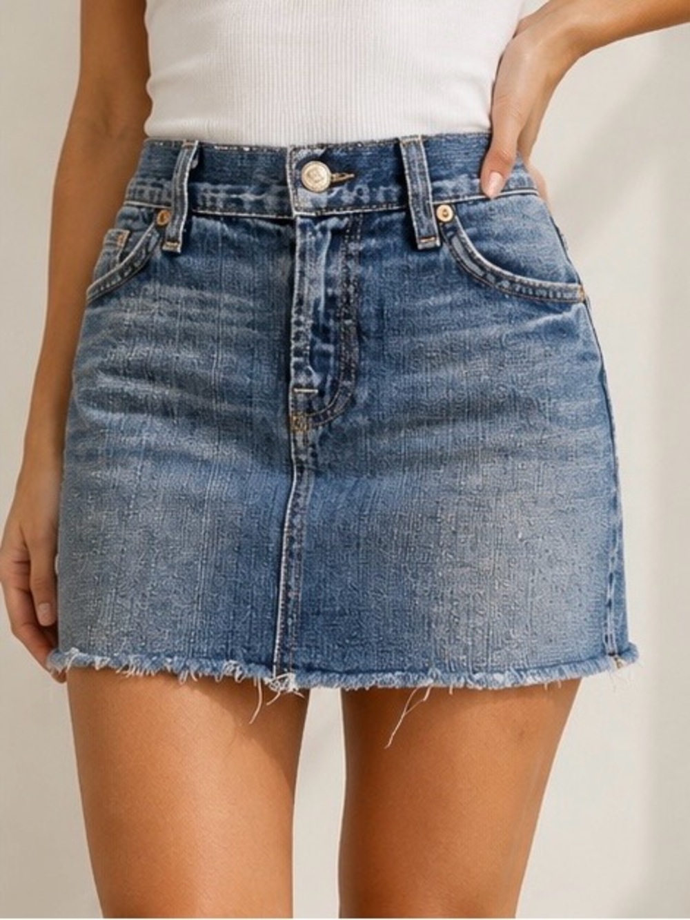 7 For All Mankind Denim Mini Skirt rhinestone pockets distressed Y2K size 28